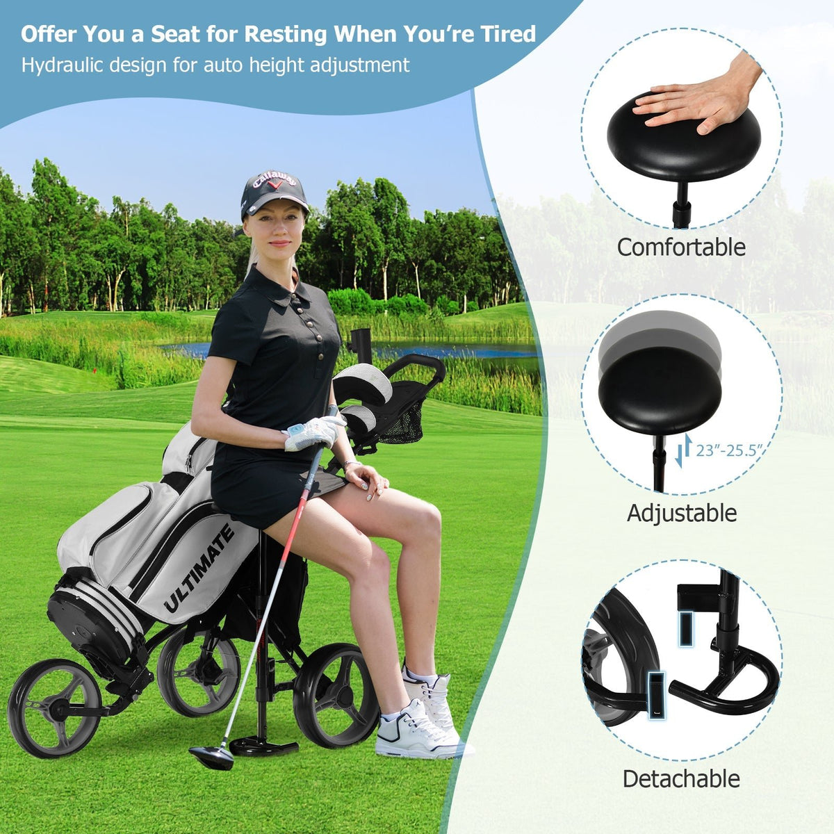 3 Wheels Folding Golf Push Cart with Seat Scoreboard and Adjustable Handle - Golf Supply HQ