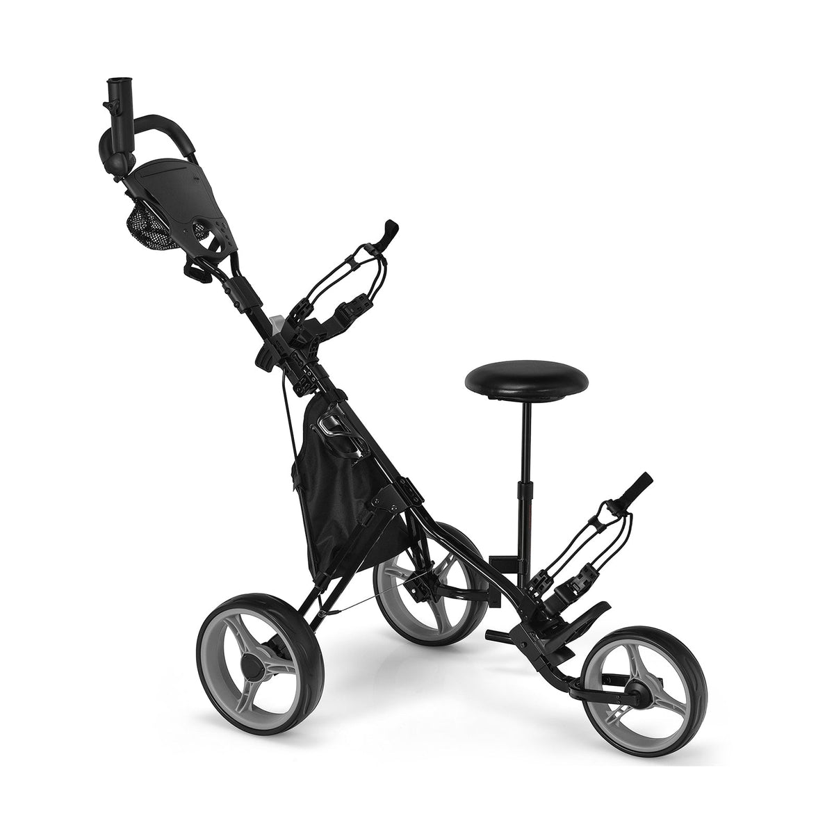 3 Wheels Folding Golf Push Cart with Seat Scoreboard and Adjustable Handle - Golf Supply HQ