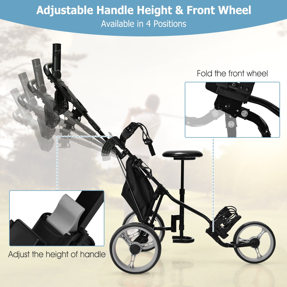 3 Wheels Folding Golf Push Cart with Seat Scoreboard and Adjustable Handle - Golf Supply HQ