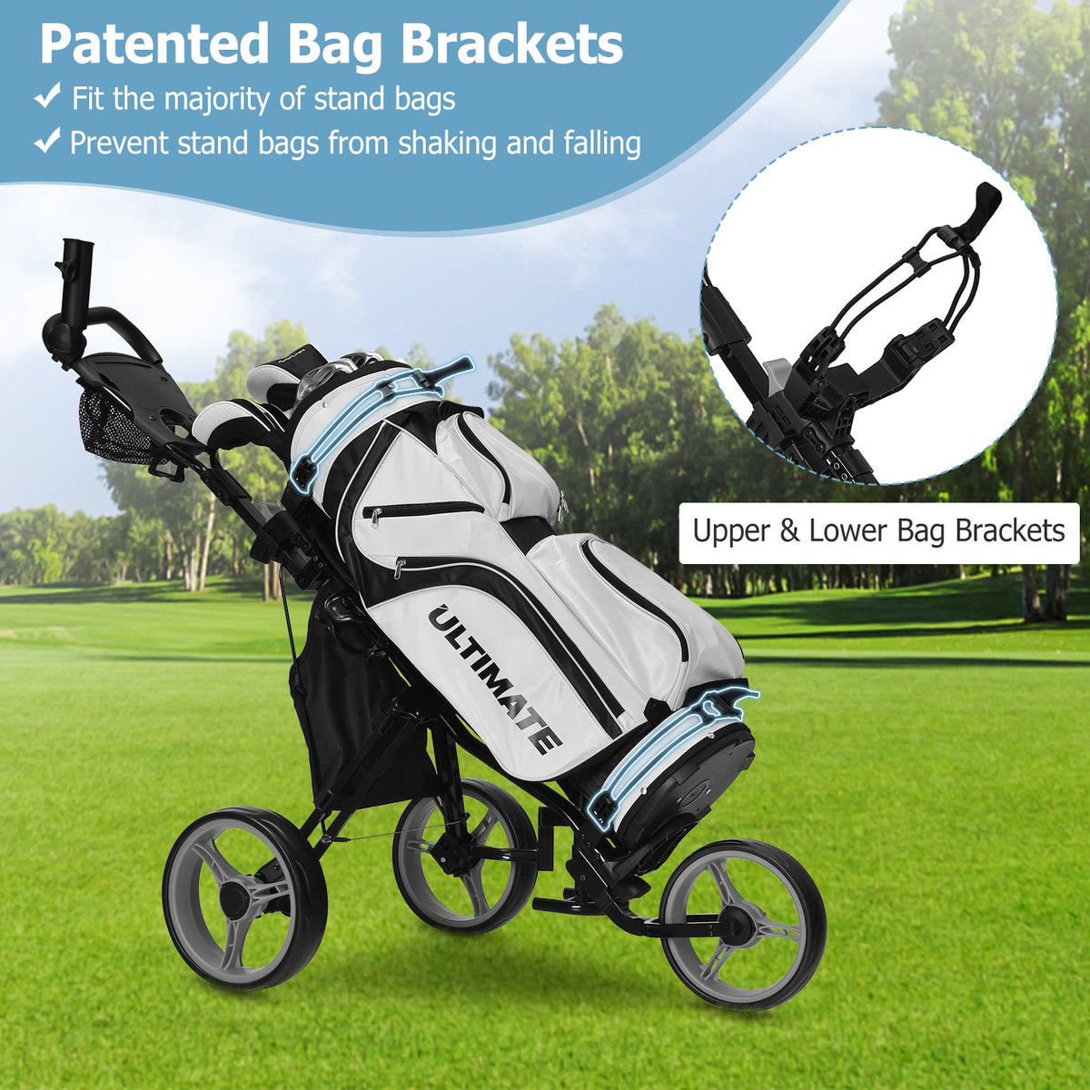 3 Wheels Folding Golf Push Cart with Seat Scoreboard and Adjustable Handle - Golf Supply HQ