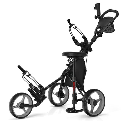 3 Wheels Folding Golf Push Cart with Seat Scoreboard and Adjustable Handle - Golf Supply HQ