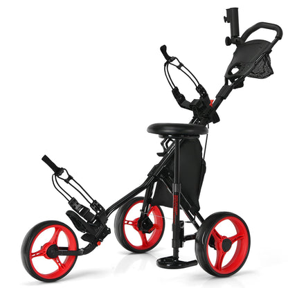 3 Wheels Folding Golf Push Cart with Seat Scoreboard and Adjustable Handle - Golf Supply HQ