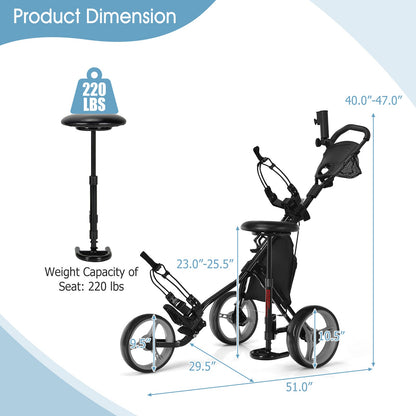 3 Wheels Folding Golf Push Cart with Seat Scoreboard and Adjustable Handle - Golf Supply HQ