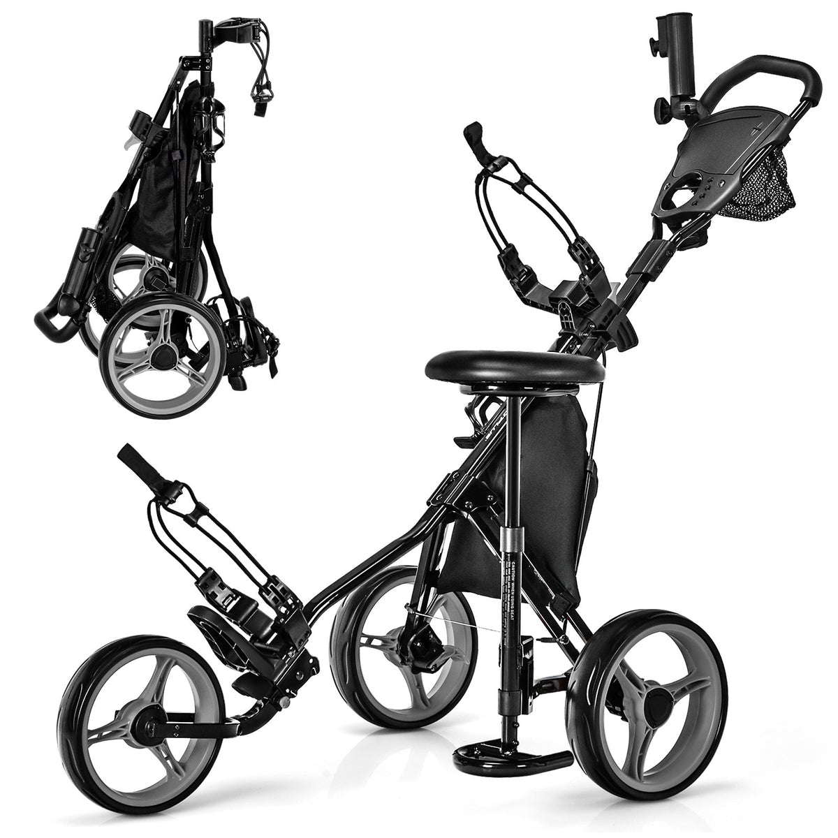 3 Wheels Folding Golf Push Cart with Seat Scoreboard and Adjustable Handle - Golf Supply HQ