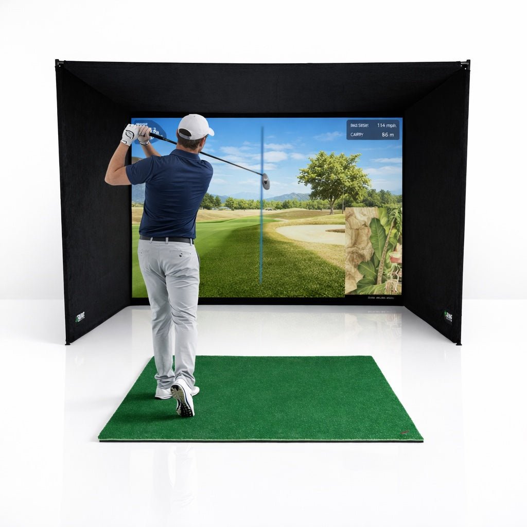 SimBox Golf Simulator Enclosure - 7 sizes, Pro + Impact Screen and Frame INCLUDES FREE SIDE BARRIERS - Golf Supply HQ