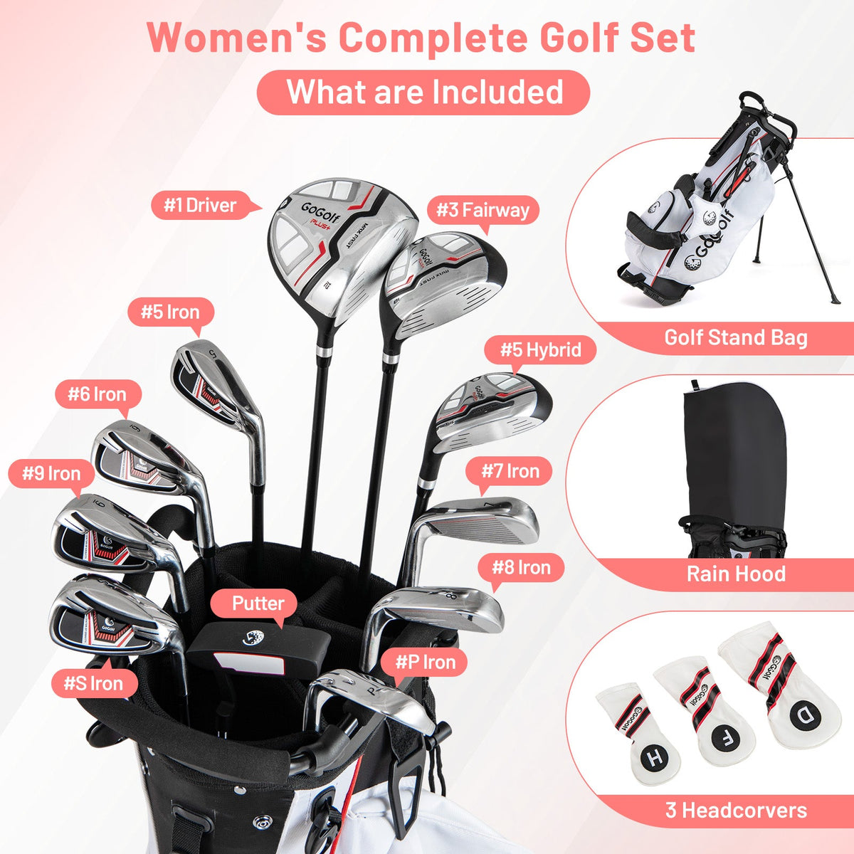 Women's Complete Golf Clubs and Bag Set with Headcovers and Putter-Red - Golf Supply HQ