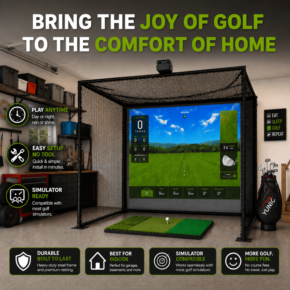 YUNIC Golf Driving Cage with Metal Frame and Simulator Impact Screen - Golf Supply HQ